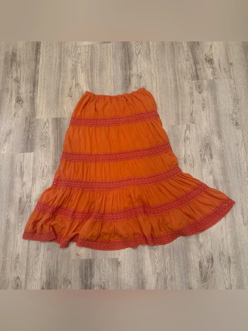 Cato Burnt Orange Tiered Boho Maxi Skirt Medium Lined Cotton